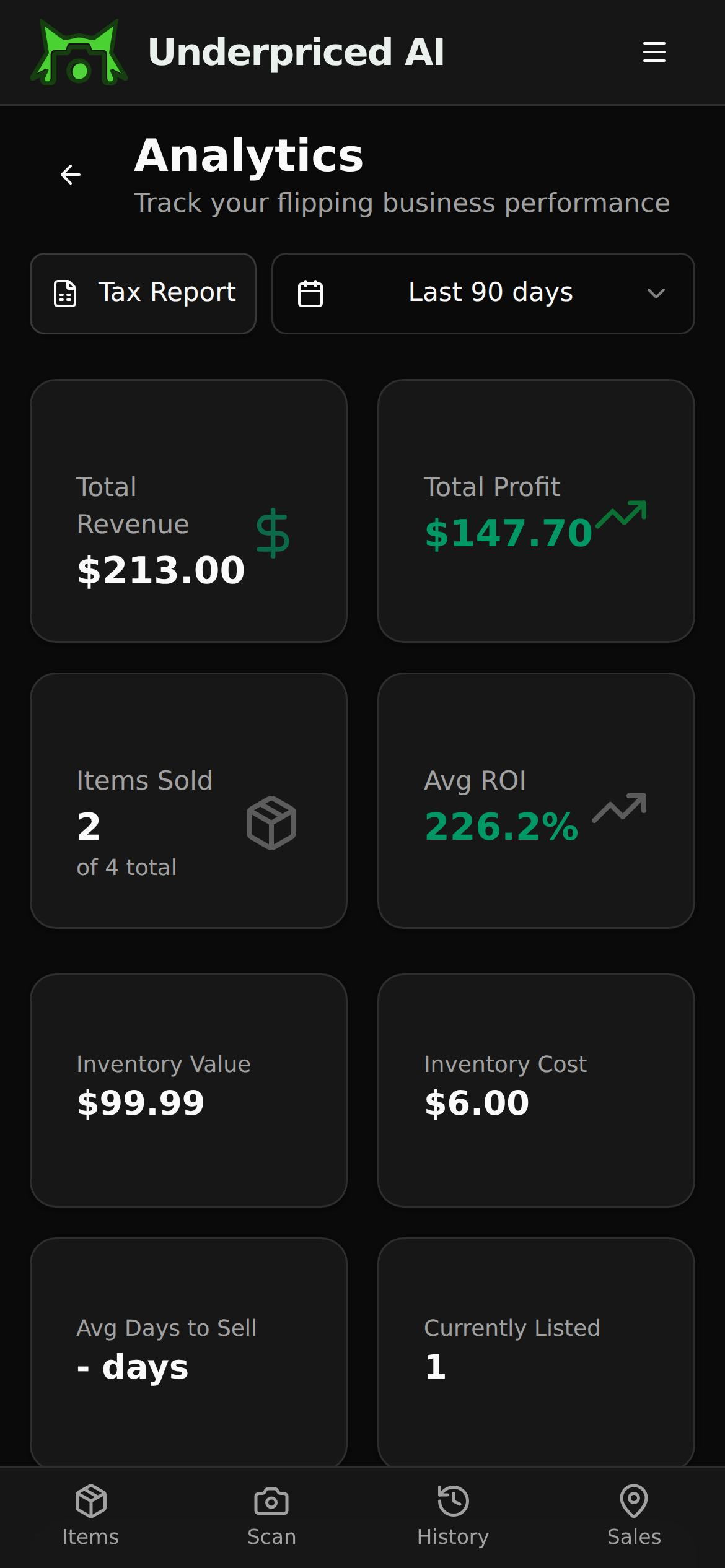 Analytics: revenue, profit, ROI and the tax report button