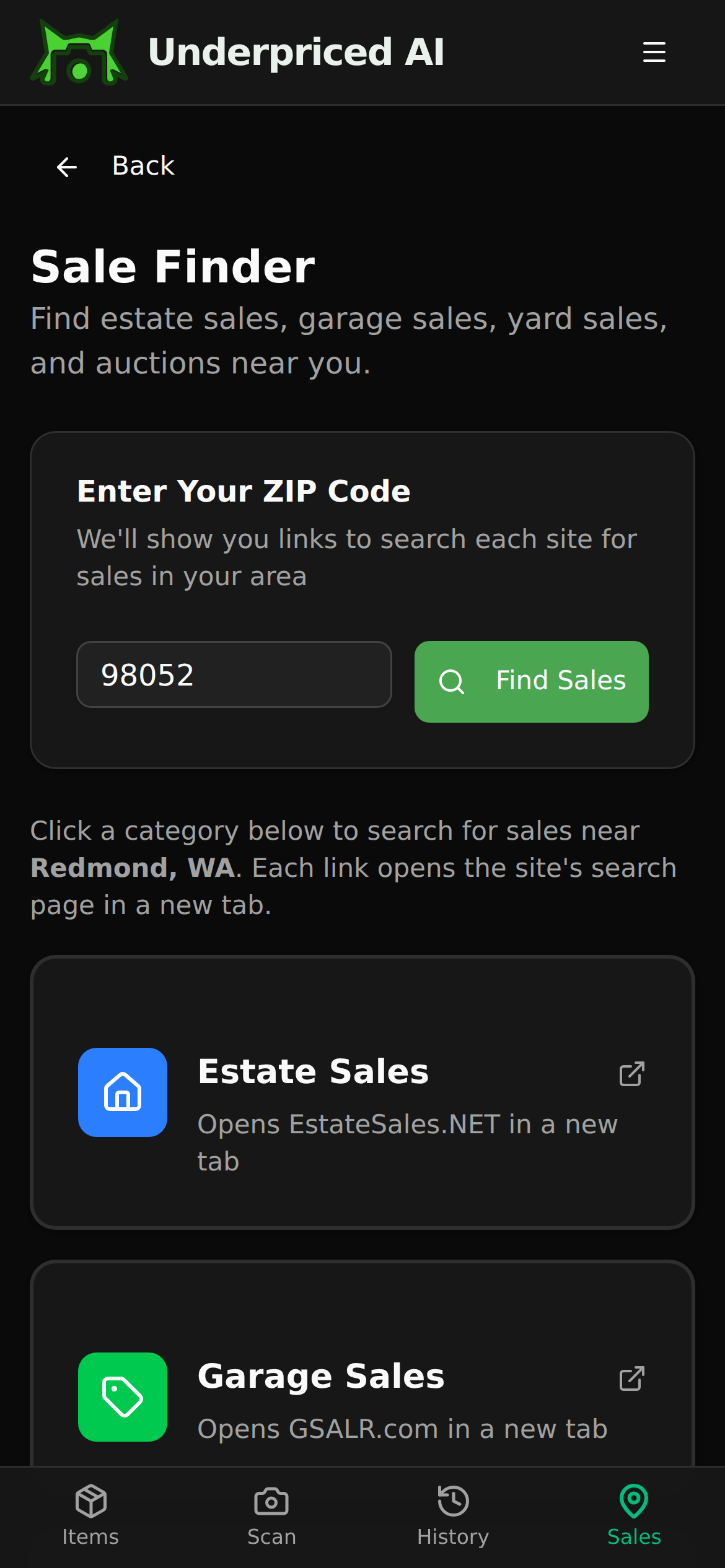 The Sale Finder: a ZIP code and links to estate and garage sales near Redmond, WA